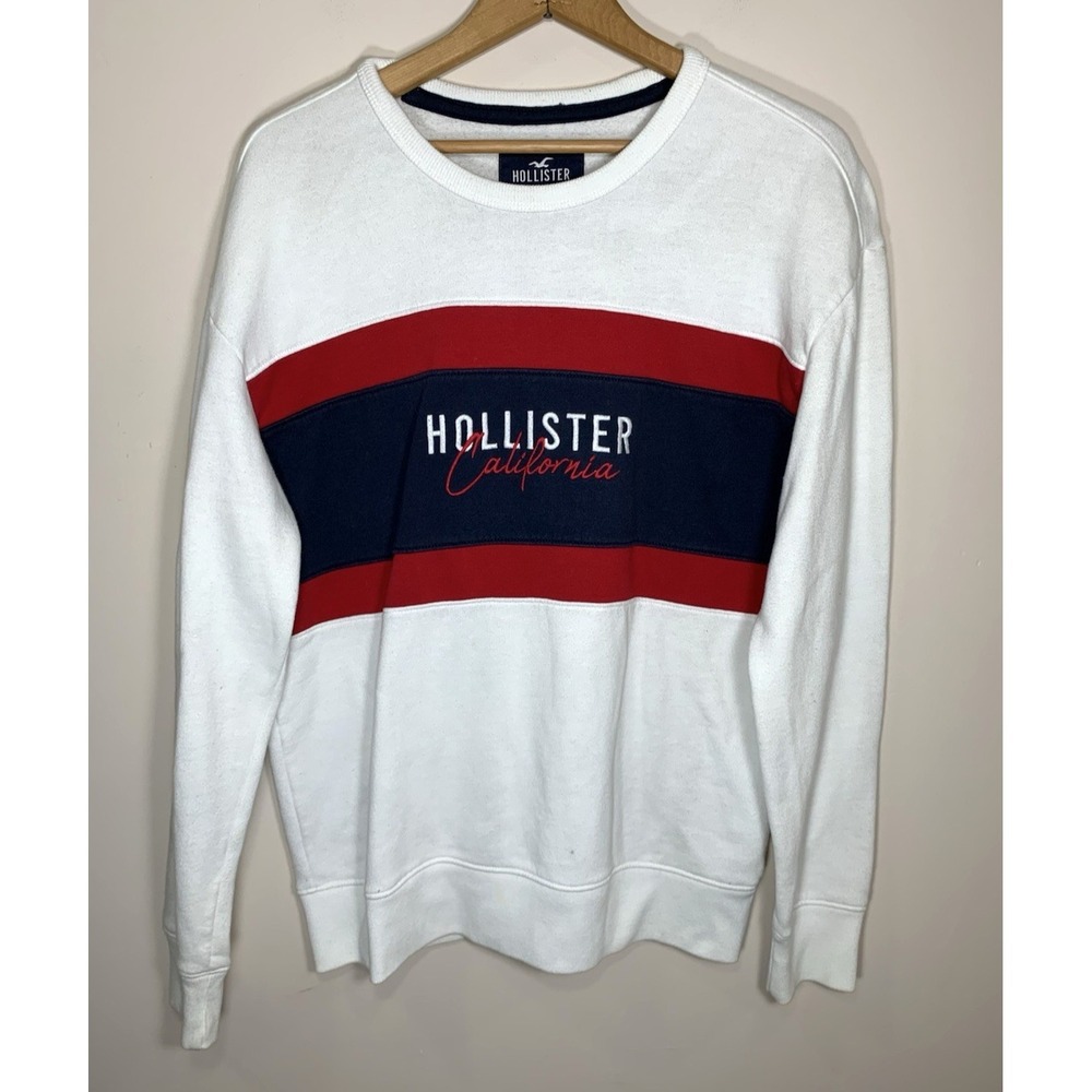 Hollister Sweatshirt Mens Medium White Navy Blueβ Red Pullover Colorblock STAIN